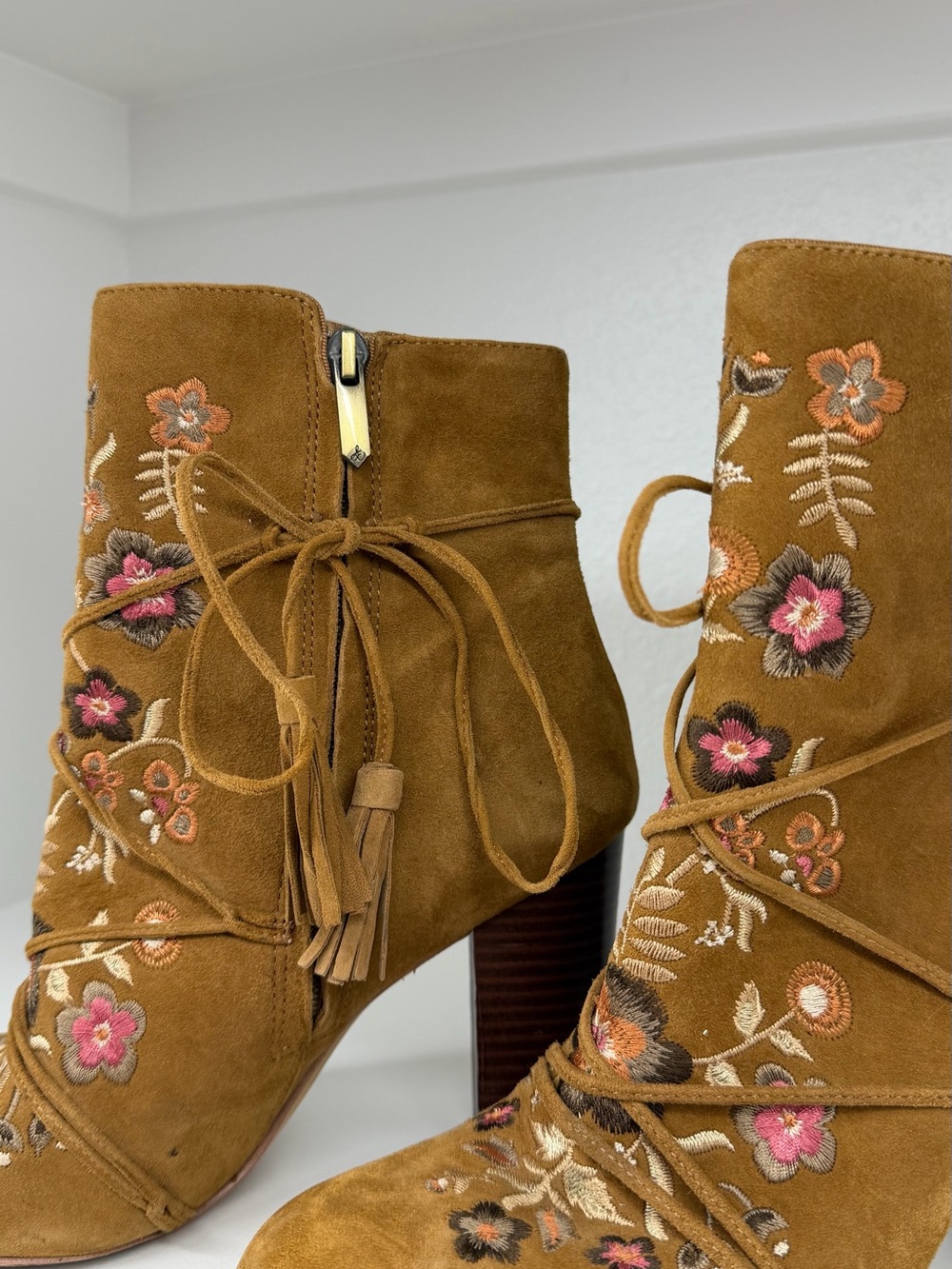 Sam Edelman Mustard Suede Embroidered Lace-Up Ankle Booties - Picture 5 of 7
